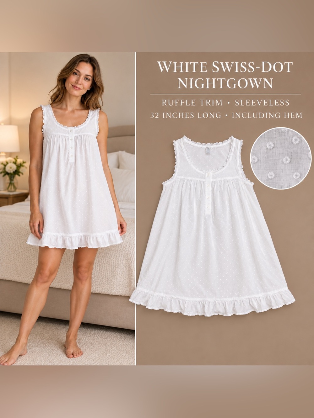 Adonna White Swiss-Dot Sleeveless Ruffle 100% Cotton Nightgown